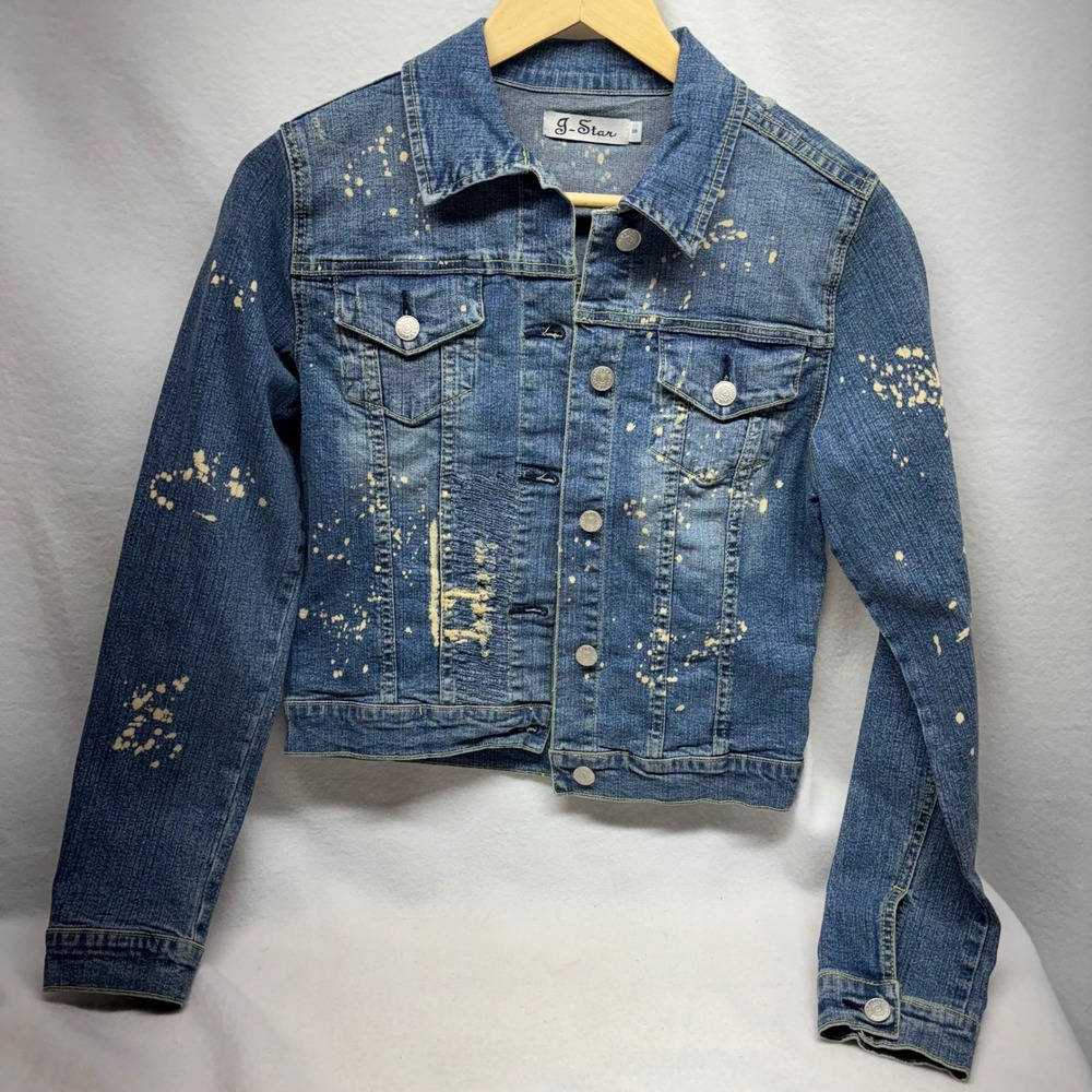G Star Womens Denim‎ Jacket Medium Distressed Paint Splatter Style